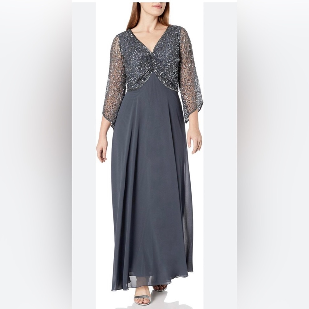 J Kara Wome’s Plus 3/4 Sleeve V - Neck Beaded Top Long Gown - Grey/Gun Size:14 W
